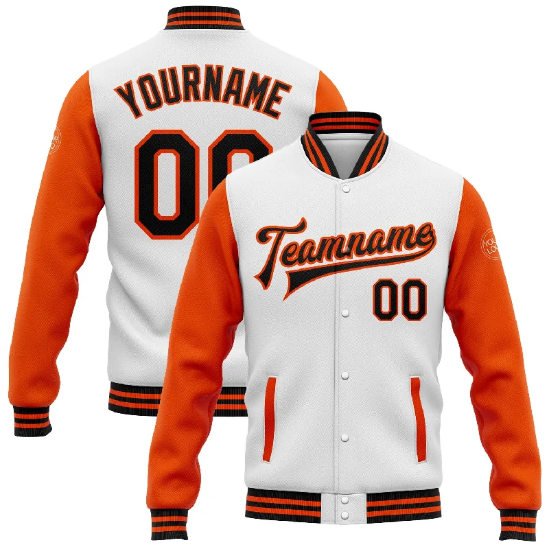 Fishing line knotting rack-Custom White Black-Orange Bomber Full-Snap Varsity Letterman Two Tone Jacket