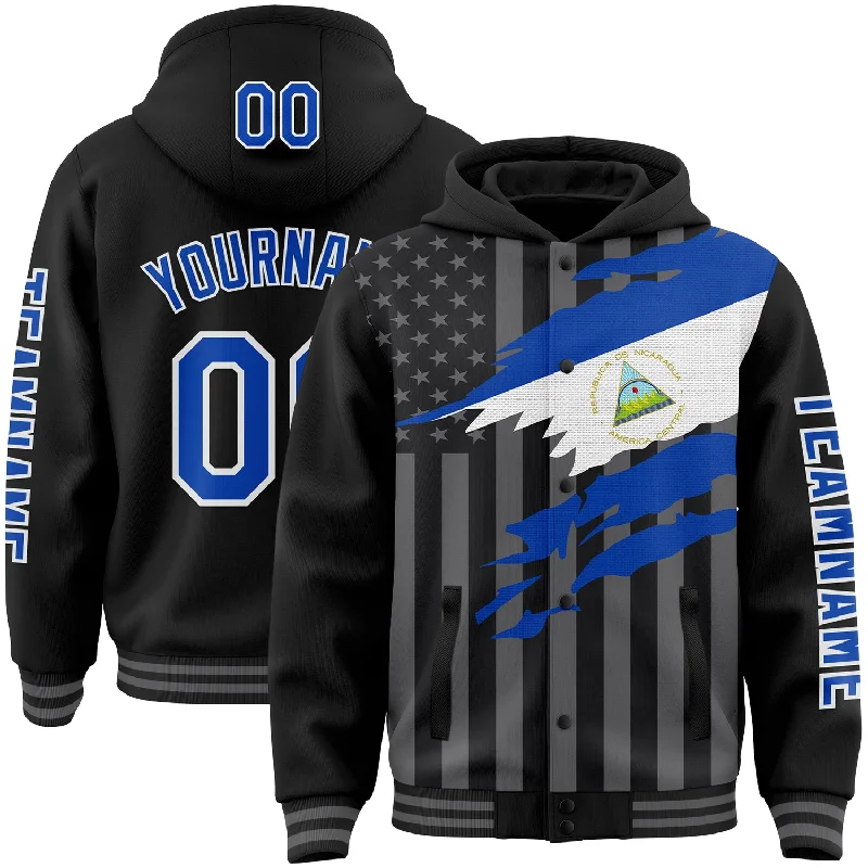 Fishing tackle stacking rack-Custom Black Thunder Blue-Gray Nicaragua Nicaraguan Flag 3D Bomber Full-Snap Varsity Letterman Hoodie Jacket