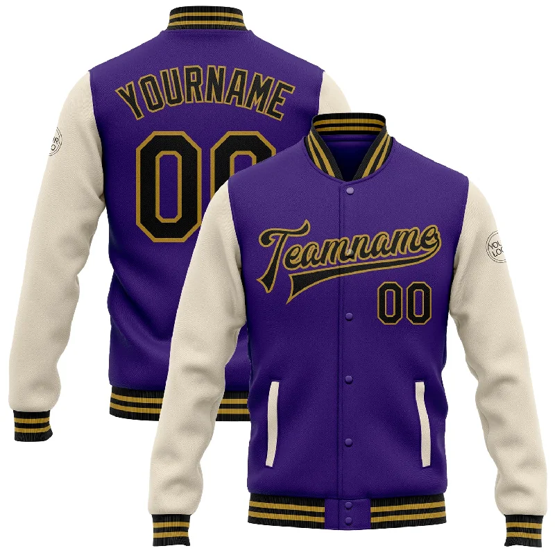 Fishing bait drying rack-Custom Purple Black Cream-Old Gold Bomber Full-Snap Varsity Letterman Two Tone Jacket