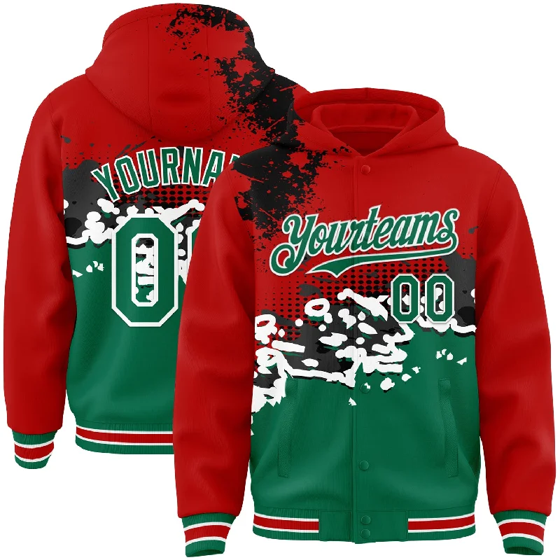 Fishing bait sealing stand-Custom Red Kelly Green-Black Abstract Splash Grunge Art 3D Pattern Design Bomber Full-Snap Varsity Letterman Hoodie Jacket