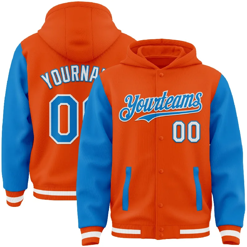 Fishing tackle lightweight holder-Custom Orange Powder Blue-White Bomber Full-Snap Varsity Letterman Two Tone Hoodie Jacket