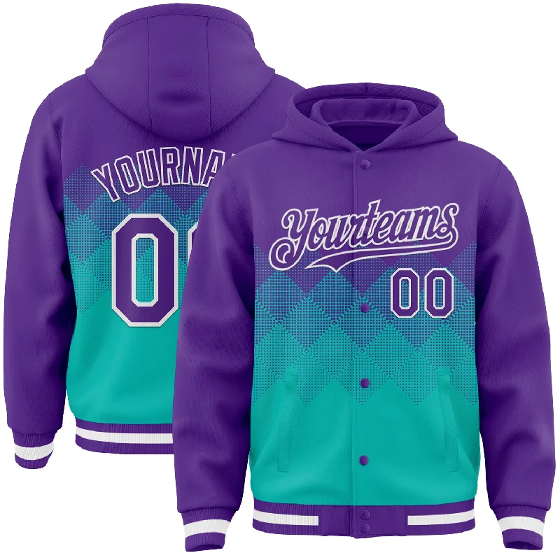 Fishing hook crimping holder-Custom Purple Aqua-White Gradient Square Shape 3D Pattern Design Bomber Full-Snap Varsity Letterman Hoodie Jacket