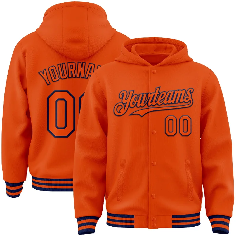 Fishing tackle compact stand-Custom Orange Navy Bomber Full-Snap Varsity Letterman Hoodie Jacket