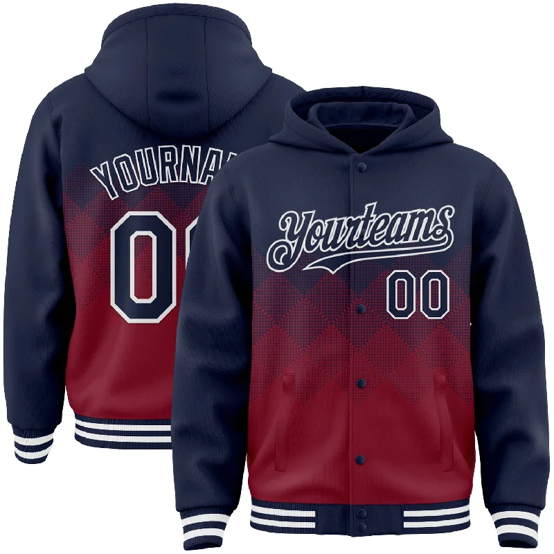 Fishing tackle foldable clamp-Custom Navy Crimson-White Gradient Square Shape 3D Pattern Design Bomber Full-Snap Varsity Letterman Hoodie Jacket