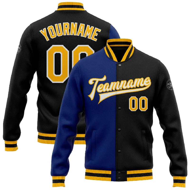 Fishing tackle modular rack-Custom Black Gold-Royal Bomber Full-Snap Varsity Letterman Split Fashion Jacket