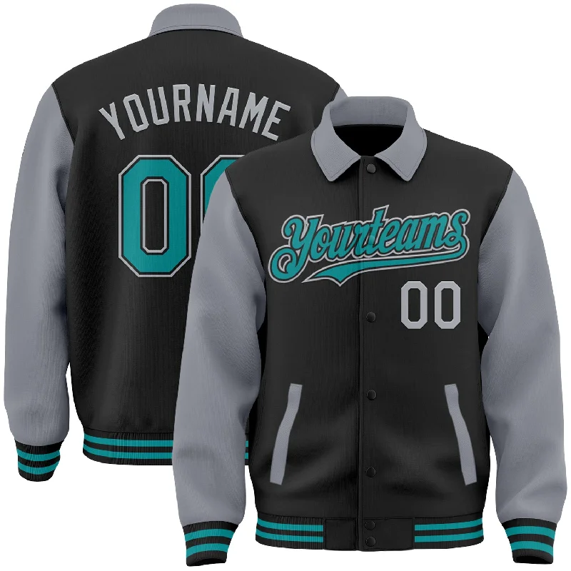 Fishing bait shaping rack-Custom Black Teal-Gray Bomber Full-Snap Varsity Letterman Two Tone Lapel Collar Byron Jacket