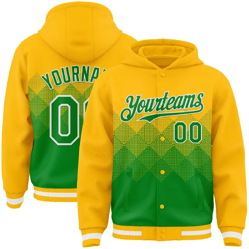 Fishing rod pivot rack-Custom Gold Grass Green-White Gradient Square Shape 3D Pattern Design Bomber Full-Snap Varsity Letterman Hoodie Jacket