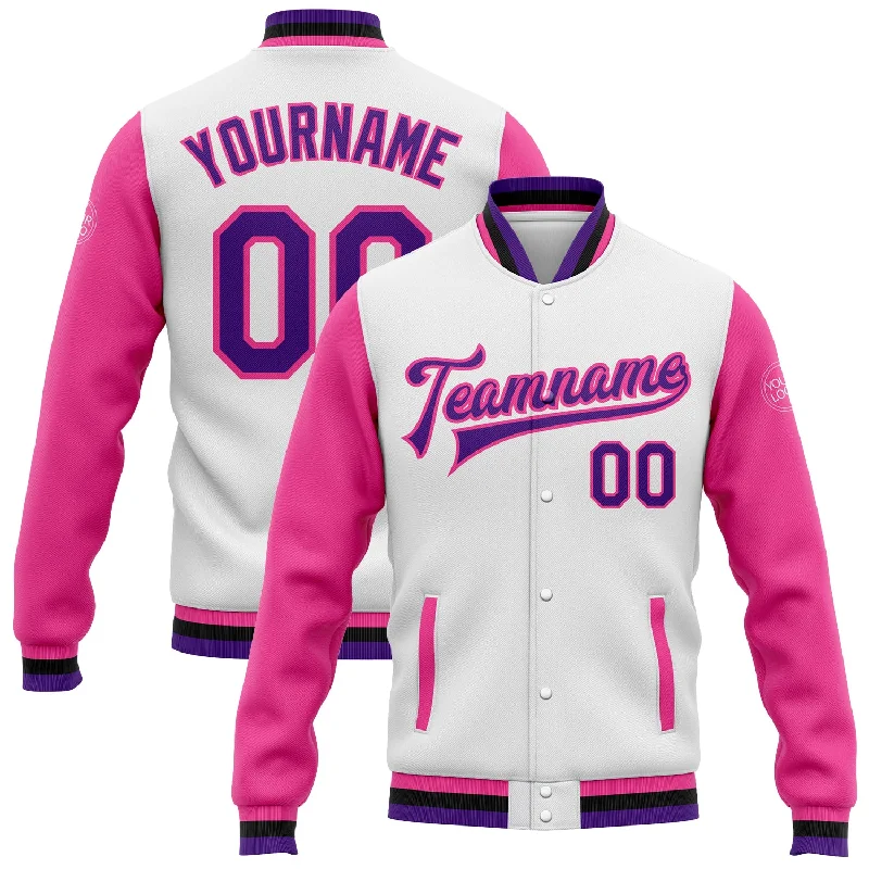 Fishing reel spool rack-Custom White Purple Pink-Black Bomber Full-Snap Varsity Letterman Two Tone Jacket