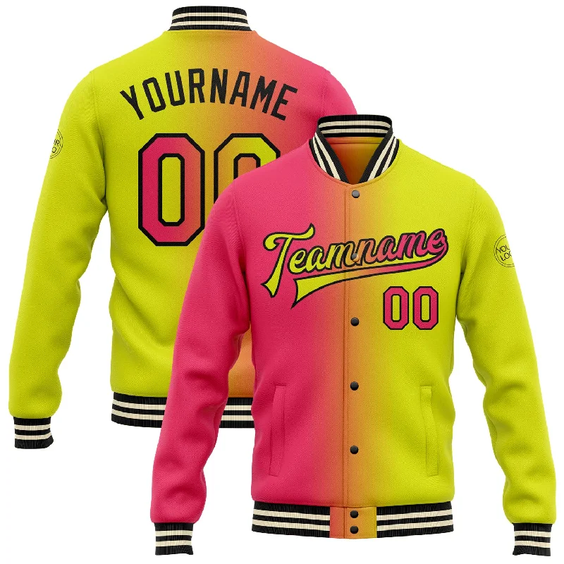 Fishing tackle lightweight holder-Custom Neon Yellow Neon Pink-Black Bomber Full-Snap Varsity Letterman Gradient Fashion Jacket