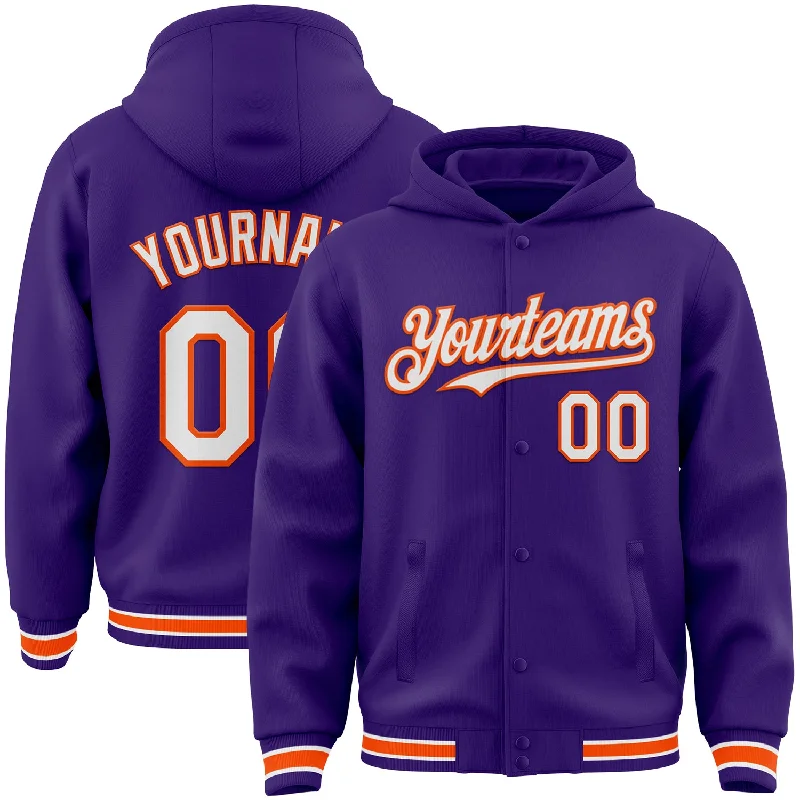 Fishing rod angle holder-Custom Purple White-Orange Bomber Full-Snap Varsity Letterman Hoodie Jacket