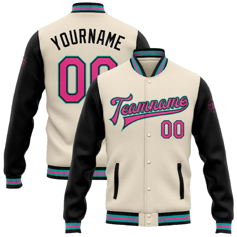 Fishing tackle foldable clamp-Custom Cream Pink Black-Aqua Bomber Full-Snap Varsity Letterman Two Tone Jacket