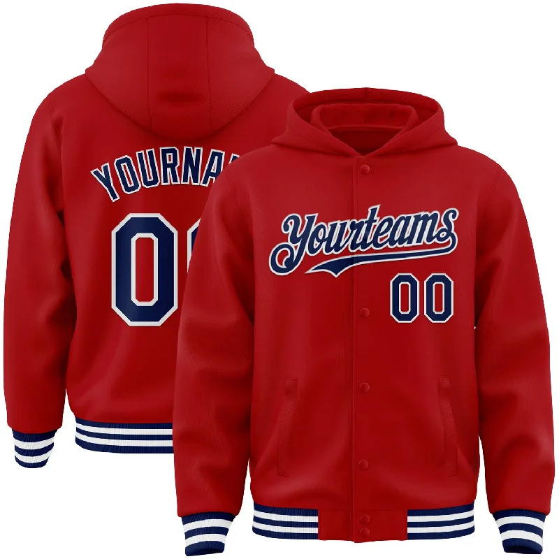 Fishing line twisting rack-Custom Red Navy-White Bomber Full-Snap Varsity Letterman Hoodie Jacket