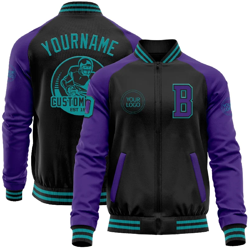 Fishing hook threading rack-Custom Black Teal-Purple Bomber Varsity Letterman Two Tone Zipper Jacket