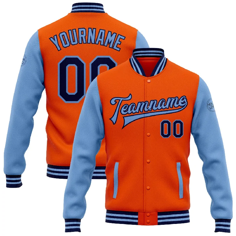 Fishing reel tension tester-Custom Orange Navy-Light Blue Bomber Full-Snap Varsity Letterman Two Tone Jacket