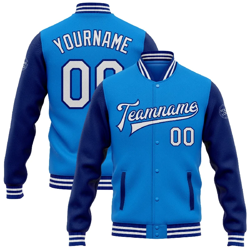 Fishing bait pressing rack-Custom Powder Blue White-Royal Bomber Full-Snap Varsity Letterman Two Tone Jacket