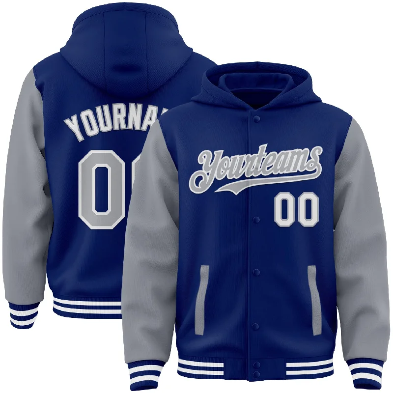 Fishing line twisting clamp-Custom Royal Gray-White Bomber Full-Snap Varsity Letterman Two Tone Hoodie Jacket