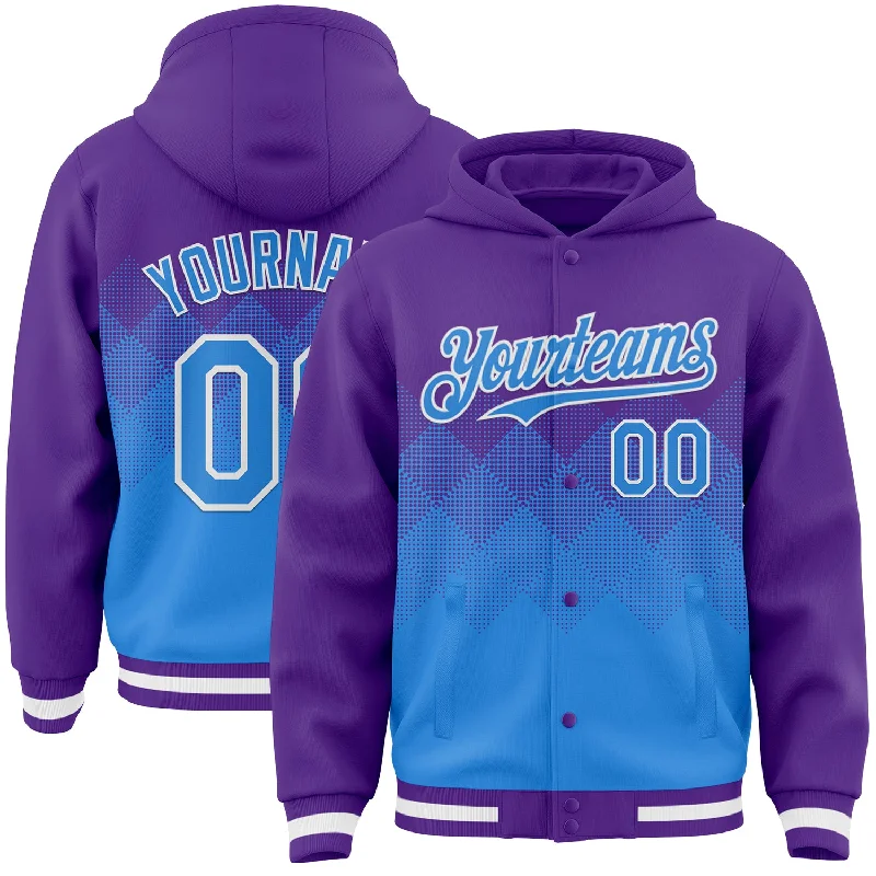 Fishing bait drying clamp-Custom Purple Powder Blue-White Gradient Square Shape 3D Pattern Design Bomber Full-Snap Varsity Letterman Hoodie Jacket