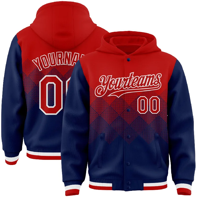 Fishing reel spool rack-Custom Red Navy-White Gradient Square Shape 3D Pattern Design Bomber Full-Snap Varsity Letterman Hoodie Jacket