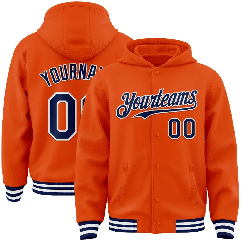 Fishing line loop clamp-Custom Orange Navy-White Bomber Full-Snap Varsity Letterman Hoodie Jacket