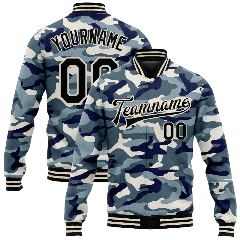 Fishing hook alignment rack-Custom Camo Black-Cream Ocean Camouflage 3D Bomber Full-Snap Varsity Letterman Salute To Service Jacket