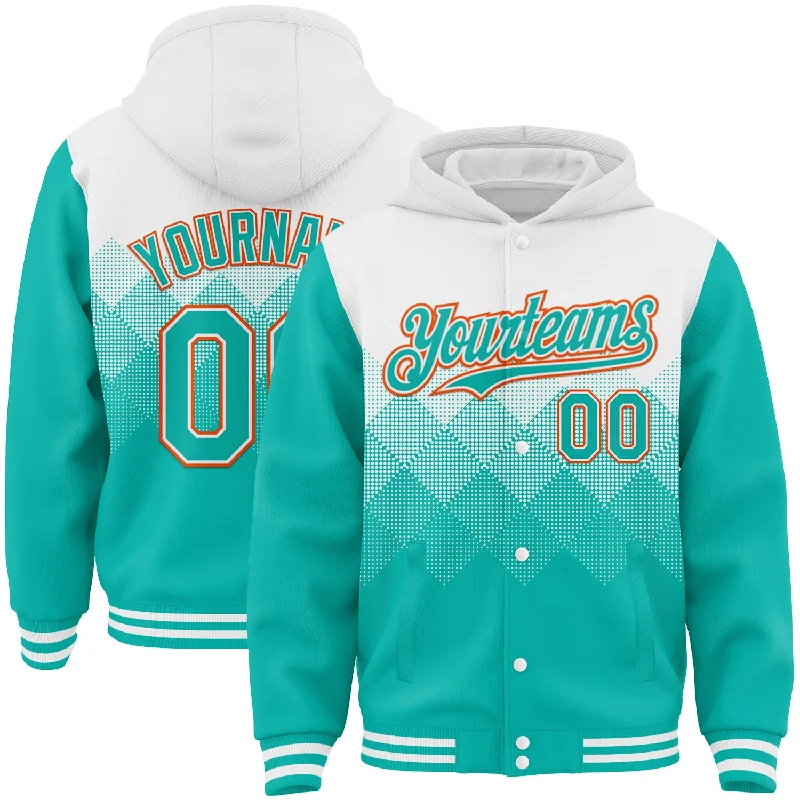 Fishing tackle adjustable rack-Custom White Aqua-Orange Gradient Square Shape 3D Pattern Design Bomber Full-Snap Varsity Letterman Hoodie Jacket