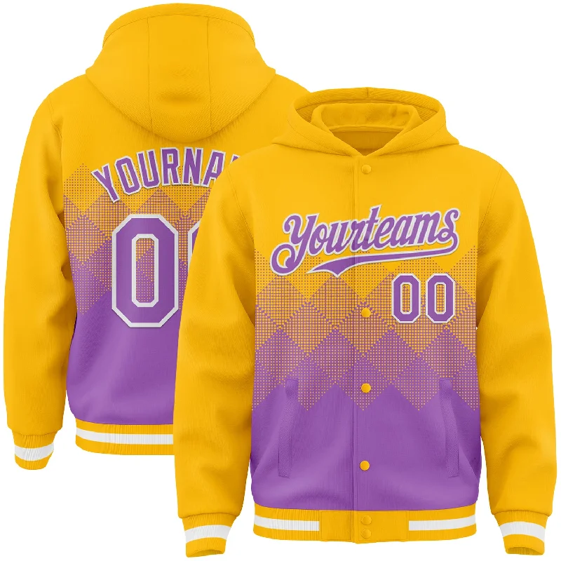 Fishing reel line rack-Custom Gold Medium Purple-White Gradient Square Shape 3D Pattern Design Bomber Full-Snap Varsity Letterman Hoodie Jacket