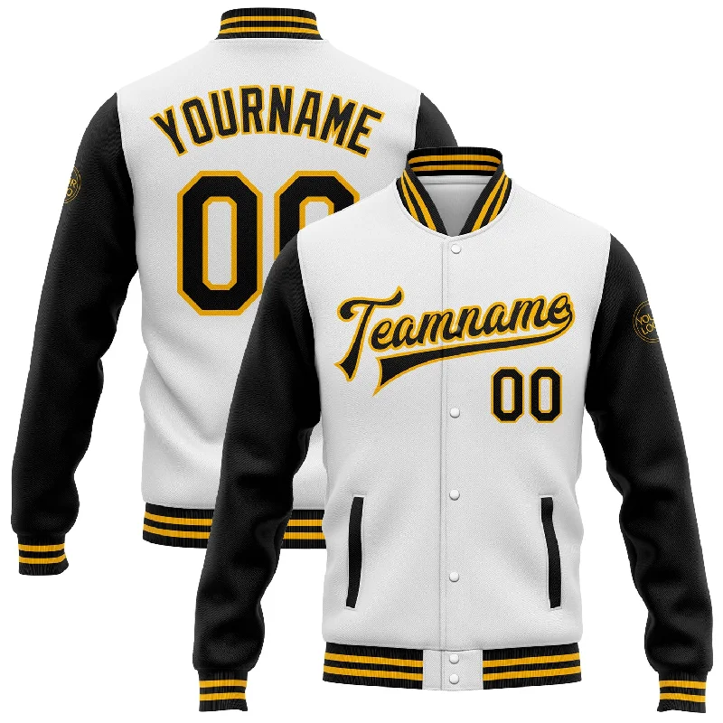 Fishing reel drag rack-Custom White Black-Gold Bomber Full-Snap Varsity Letterman Two Tone Jacket