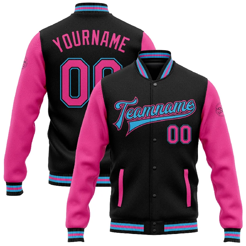 Fishing rod pivot rack-Custom Black Pink-Sky Blue Bomber Full-Snap Varsity Letterman Two Tone Jacket