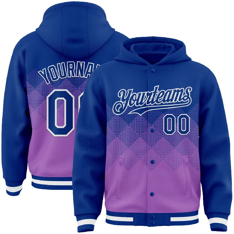 Fishing line knot holder-Custom Royal Medium Purple-White Gradient Square Shape 3D Pattern Design Bomber Full-Snap Varsity Letterman Hoodie Jacket