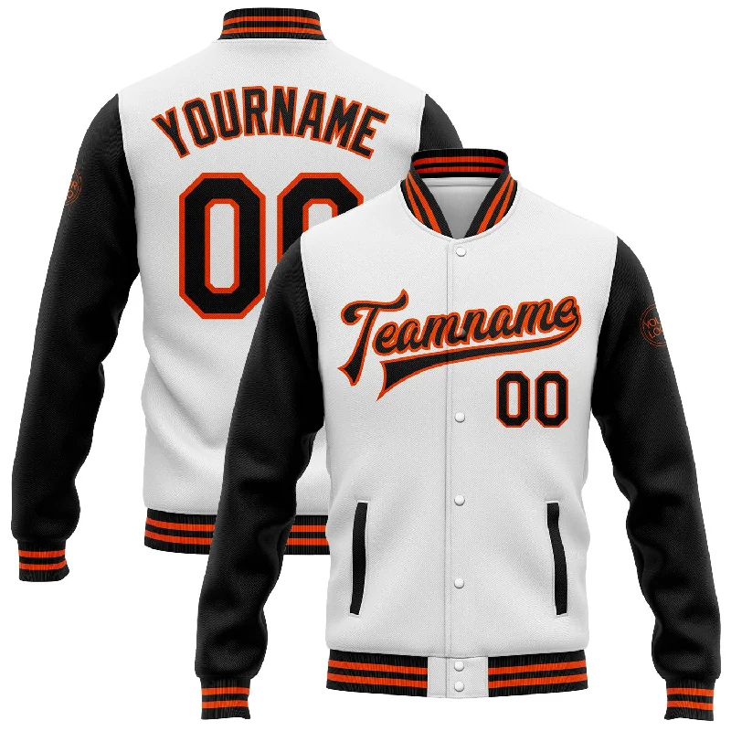 Fishing pliers with jaw rack-Custom White Black-Orange Bomber Full-Snap Varsity Letterman Two Tone Jacket