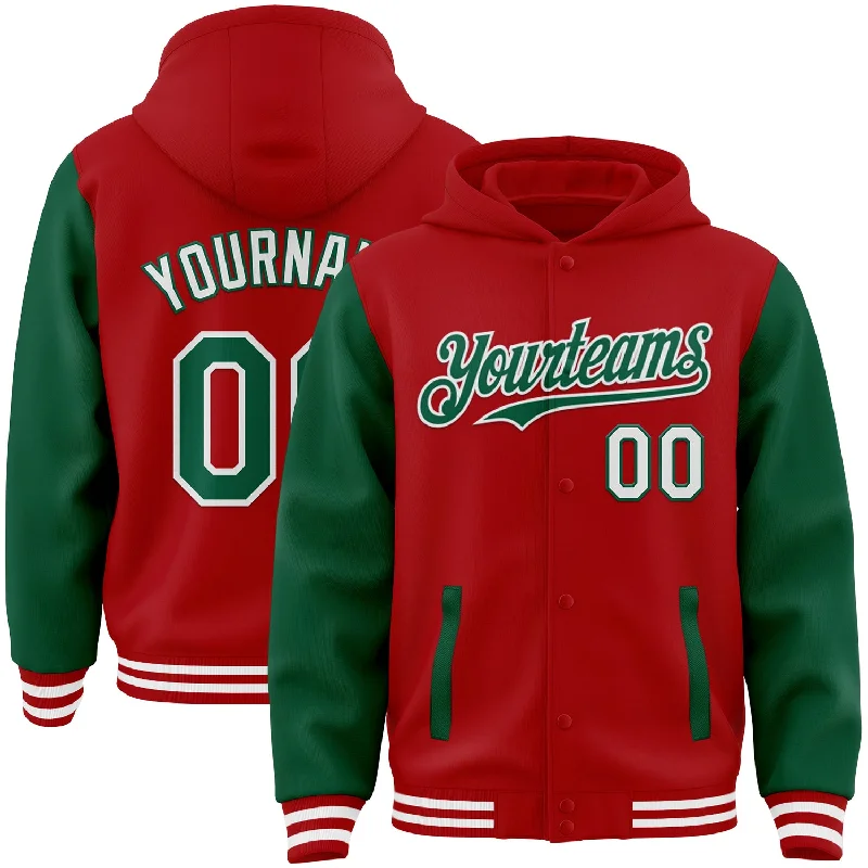 Fishing line knotting holder-Custom Red Kelly Green-White Bomber Full-Snap Varsity Letterman Two Tone Hoodie Jacket