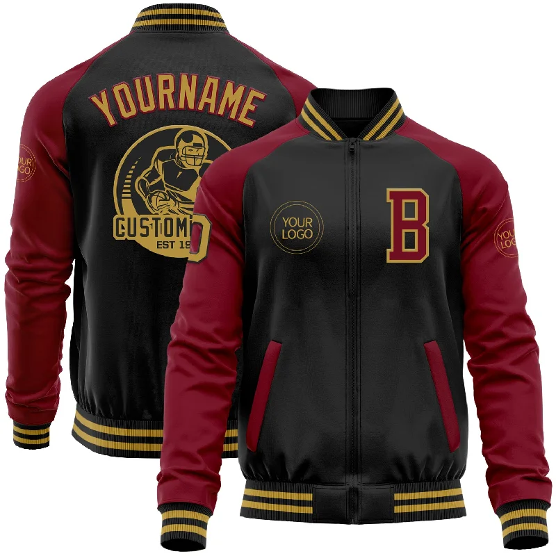 Fishing line splicing rack-Custom Black Old Gold-Crimson Bomber Varsity Letterman Two Tone Zipper Jacket