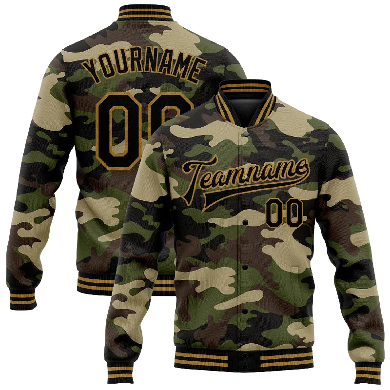 Fishing bait sealing stand-Custom Camo Black-Old Gold Jungle Camouflage 3D Bomber Full-Snap Varsity Letterman Salute To Service Jacket