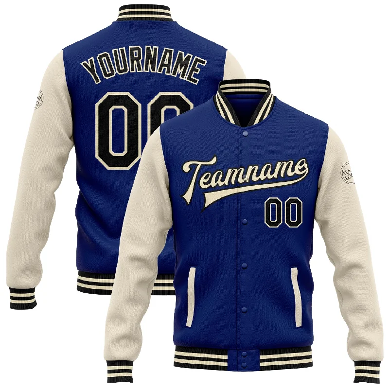 Fishing line twisting rack-Custom Royal Black-Cream Bomber Full-Snap Varsity Letterman Two Tone Jacket