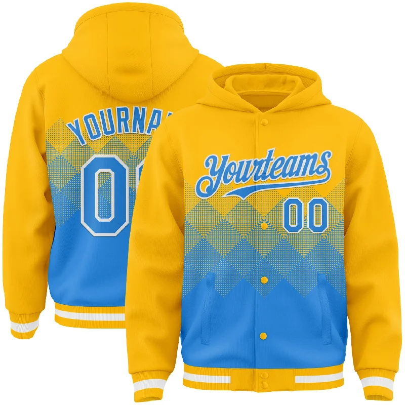 Fishing hook alignment rack-Custom Gold Powder Blue-White Gradient Square Shape 3D Pattern Design Bomber Full-Snap Varsity Letterman Hoodie Jacket