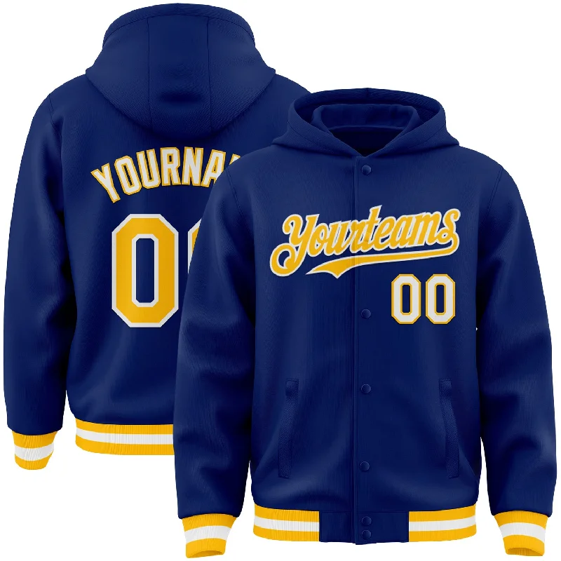 Fishing line braiding stand-Custom Royal Gold-White Bomber Full-Snap Varsity Letterman Hoodie Jacket