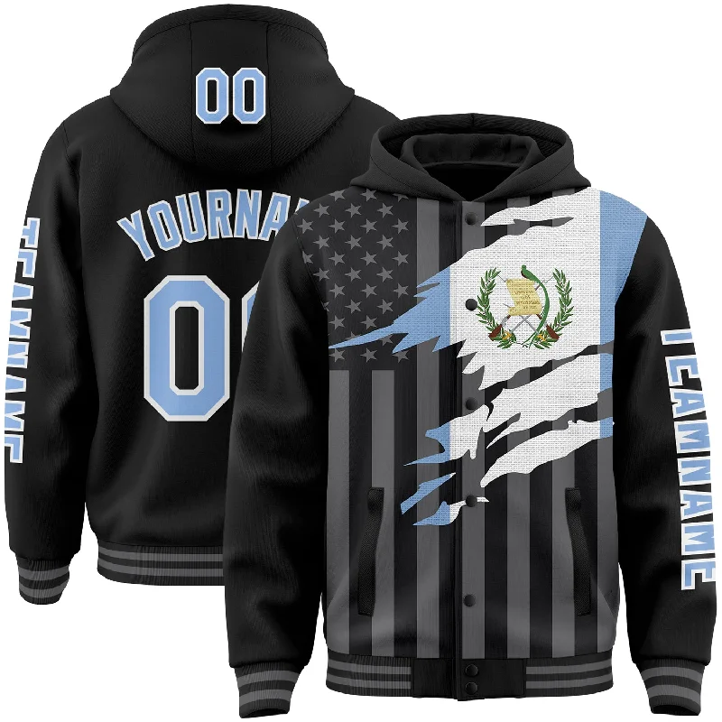 Fishing rod stabilizing stand-Custom Black Light Blue-Gray Guatemala Guatemalan Flag 3D Bomber Full-Snap Varsity Letterman Hoodie Jacket