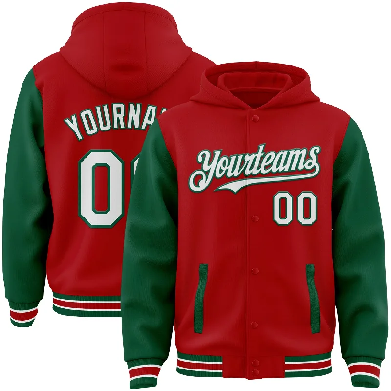 Fishing reel drag rack-Custom Red White-Kelly Green Bomber Full-Snap Varsity Letterman Two Tone Hoodie Jacket