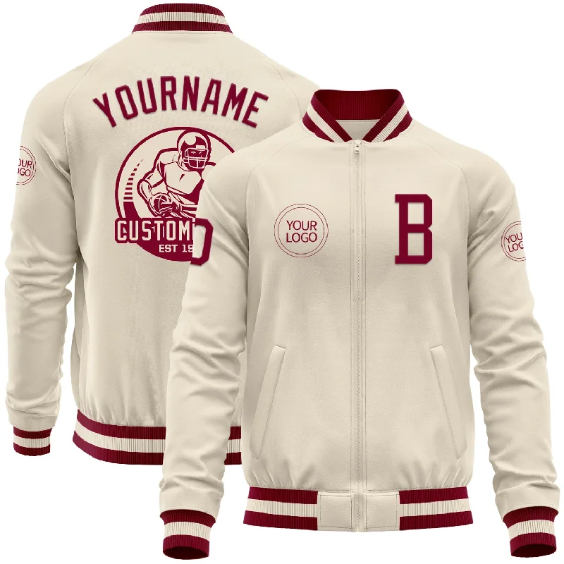 Fishing bait preservation box-Custom Cream Maroon Bomber Varsity Letterman Zipper Jacket