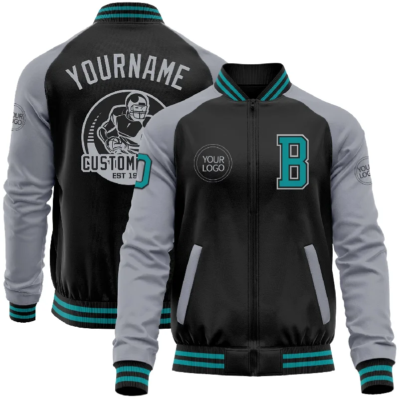 Fishing bait freezing rack-Custom Black Teal-Gray Bomber Varsity Letterman Two Tone Zipper Jacket