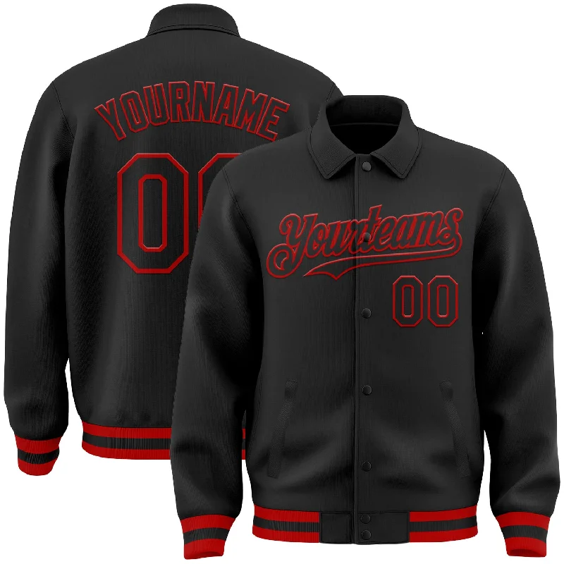 Fishing line braiding rack-Custom Black Red Bomber Full-Snap Varsity Letterman Lapel Collar Byron Jacket