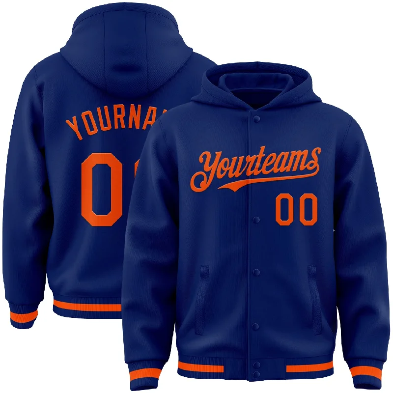 Fishing reel spool stand-Custom Royal Orange Bomber Full-Snap Varsity Letterman Hoodie Jacket