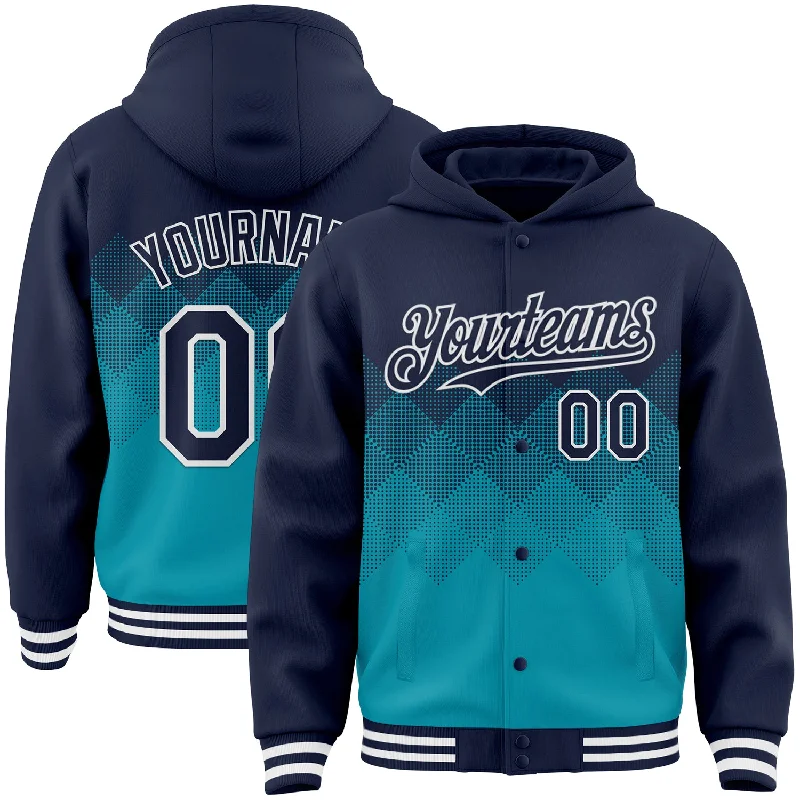 Fishing bait freezing clamp-Custom Navy Teal-White Gradient Square Shape 3D Pattern Design Bomber Full-Snap Varsity Letterman Hoodie Jacket