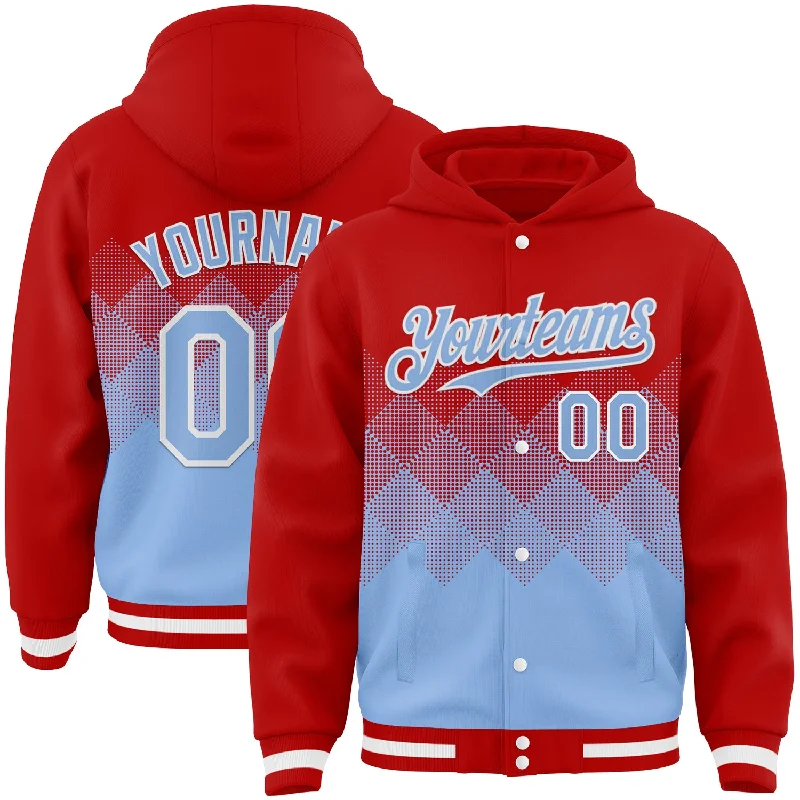 Fishing line knotting rack-Custom Red Light Blue-White Gradient Square Shape 3D Pattern Design Bomber Full-Snap Varsity Letterman Hoodie Jacket