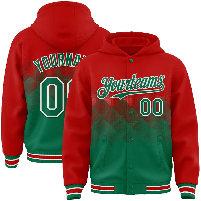 Fishing pliers with grip rack-Custom Red Kelly Green-White Gradient Square Shape 3D Pattern Design Bomber Full-Snap Varsity Letterman Hoodie Jacket