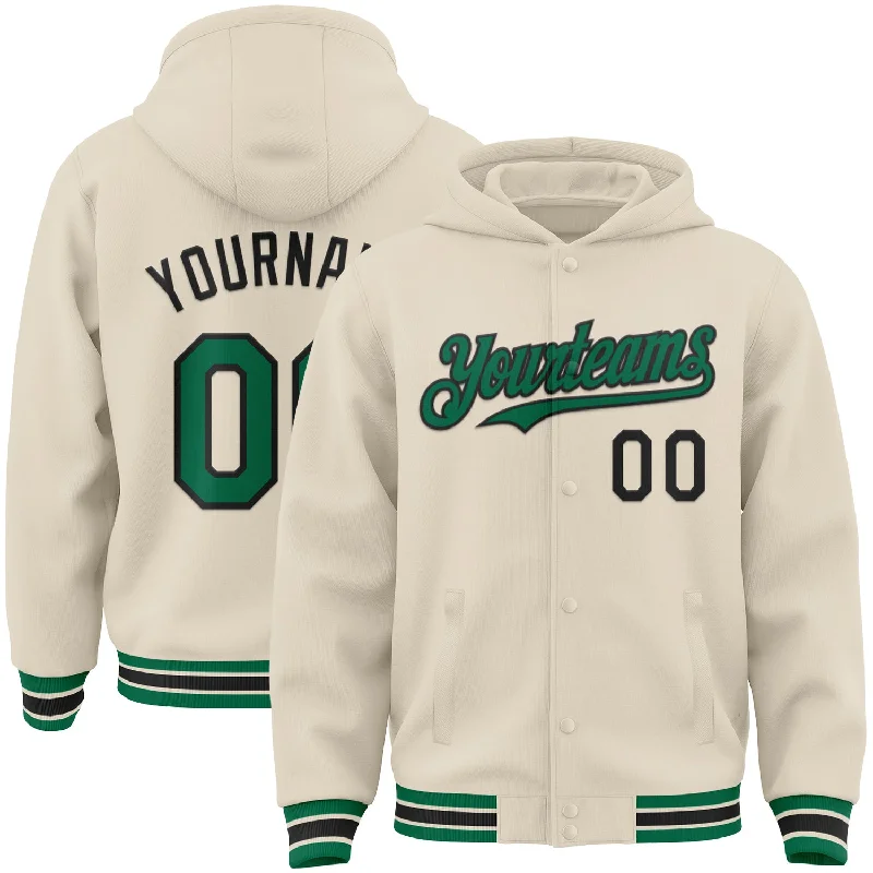 Fishing hook alignment clamp-Custom Cream Kelly Green-Black Bomber Full-Snap Varsity Letterman Hoodie Jacket