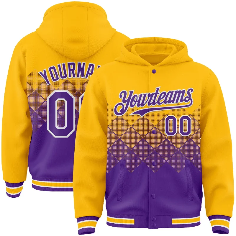 Fishing line splicing rack-Custom Gold Purple-White Gradient Square Shape 3D Pattern Design Bomber Full-Snap Varsity Letterman Hoodie Jacket