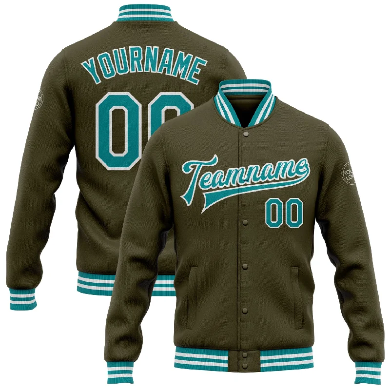 Fishing rod stabilizing strap-Custom Olive Teal-White Bomber Full-Snap Varsity Letterman Salute To Service Jacket