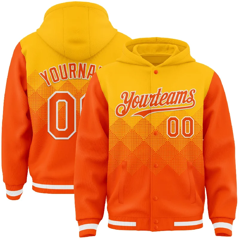 Fishing tackle stacking rack-Custom Gold Orange-White Gradient Square Shape 3D Pattern Design Bomber Full-Snap Varsity Letterman Hoodie Jacket