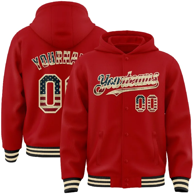 Fishing line knot clamp-Custom Red Vintage USA Flag Cream-Black Bomber Full-Snap Varsity Letterman Hoodie Jacket